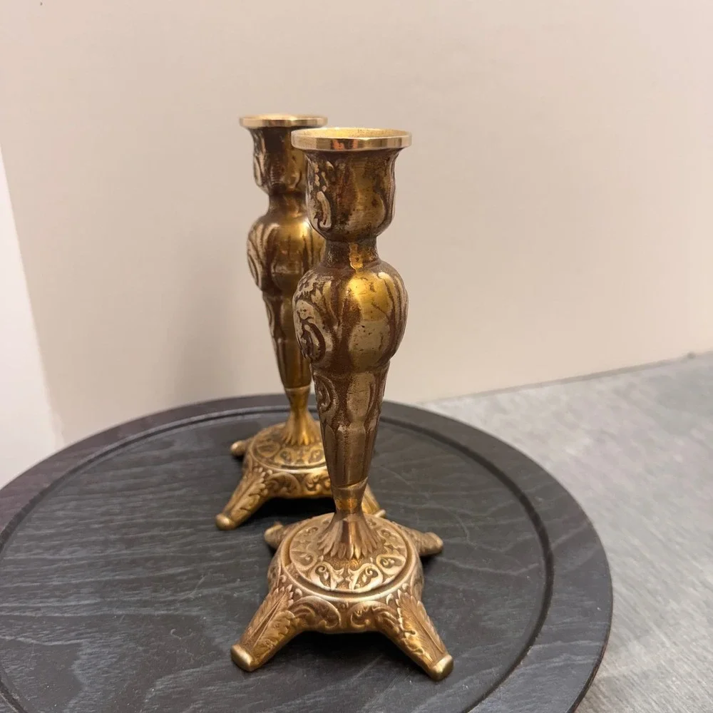 Vintage Brass Taper Candlestick Holders Pair Ornate Victorian Style Floral 7.5in